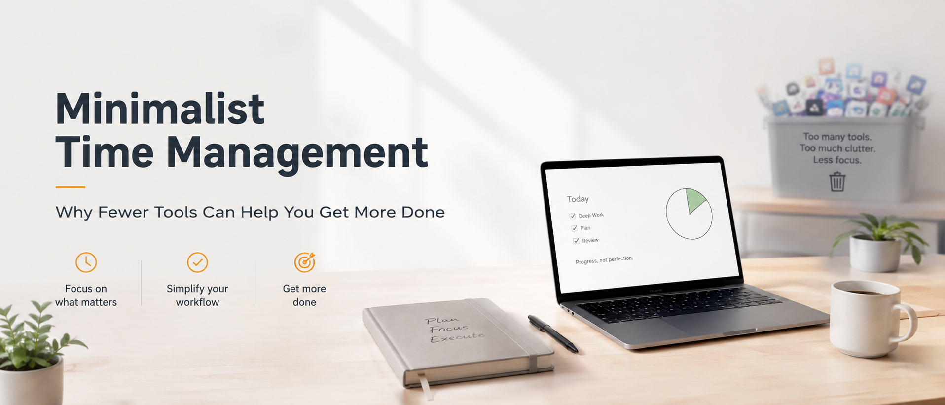 Minimalist time management workspace showing fewer tools for better focus and productivity
