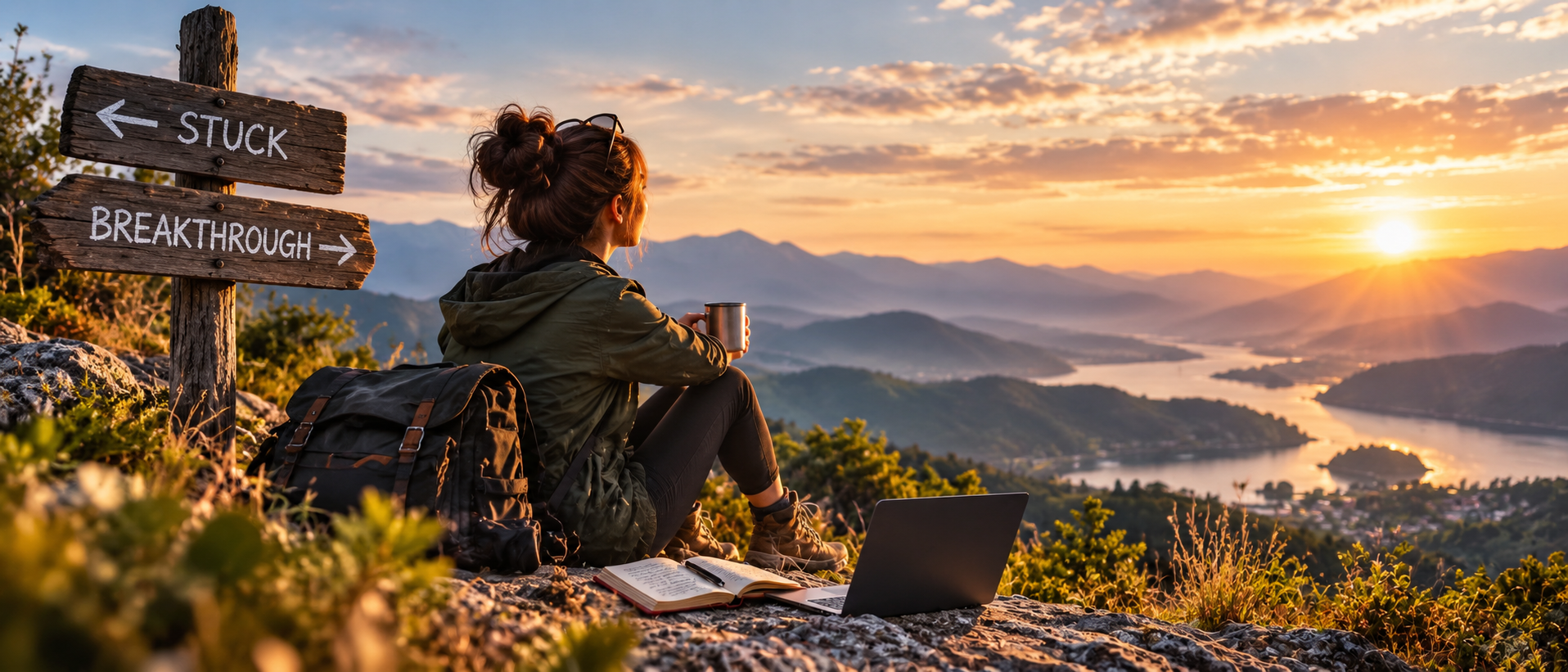 Woman overlooking a mountain valley at sunrise, symbolising a breakthrough after feeling stuck in affiliate marketing.