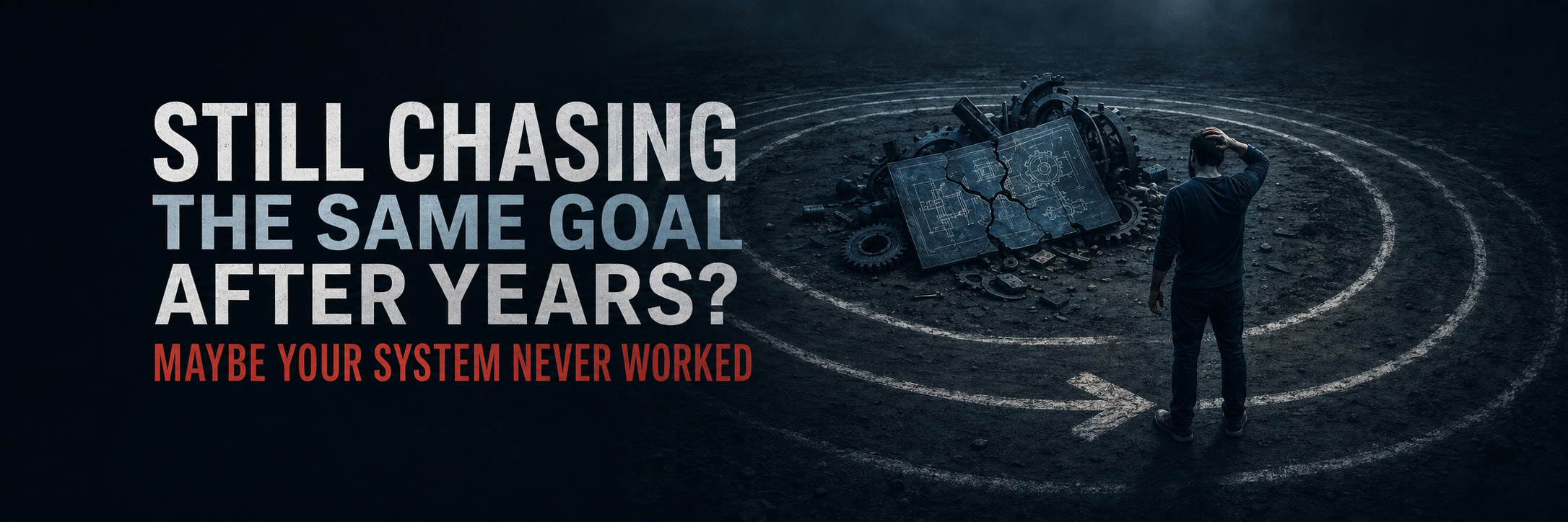 A man trapped on a circular path beside a broken system, with the words “Still chasing the same goal after years? Maybe your system never worked”