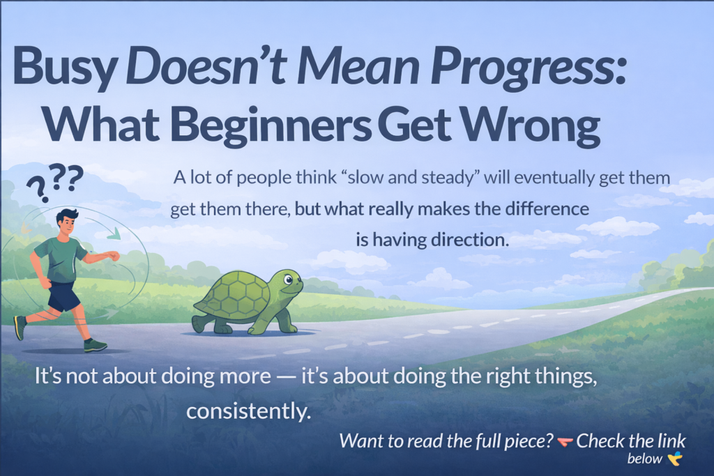 Busy doesn’t mean progress illustration showing tortoise vs distracted runner in online business journey