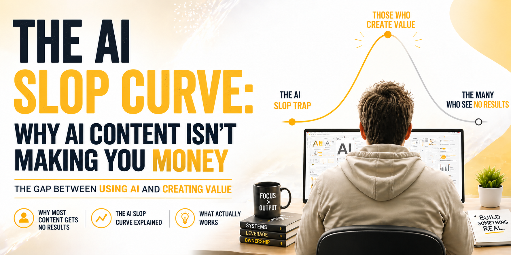 AI Slop Curve infographic showing why AI-generated content doesn't always make money and why creating value matters.