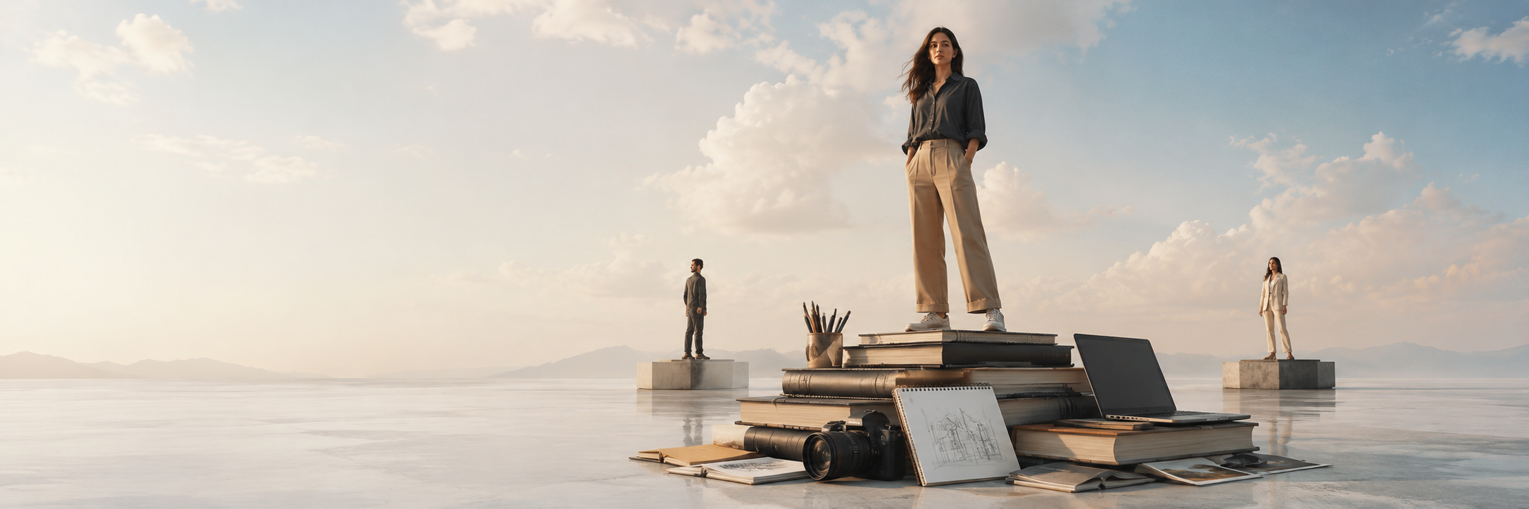 A creator standing confidently on a platform built from her own work, while two other figures remain on separate paths