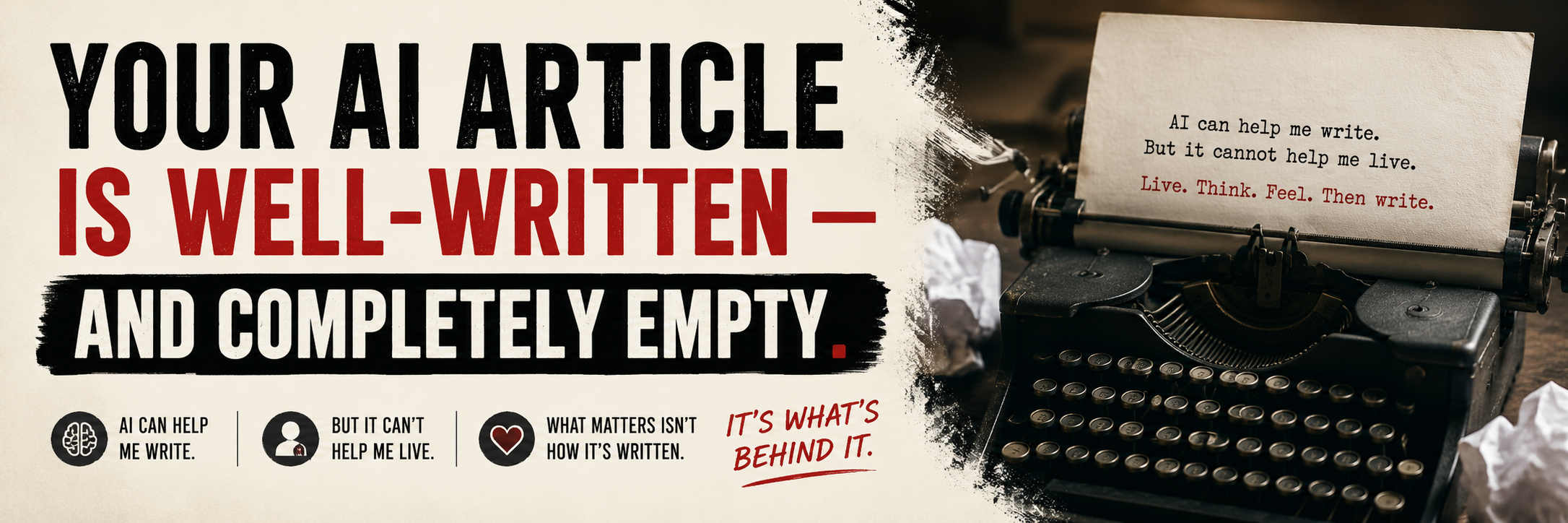 A banner about AI writing, showing bold text that says “Your AI Article Is Well-Written — And Completely Empty” beside a vintage typewriter.