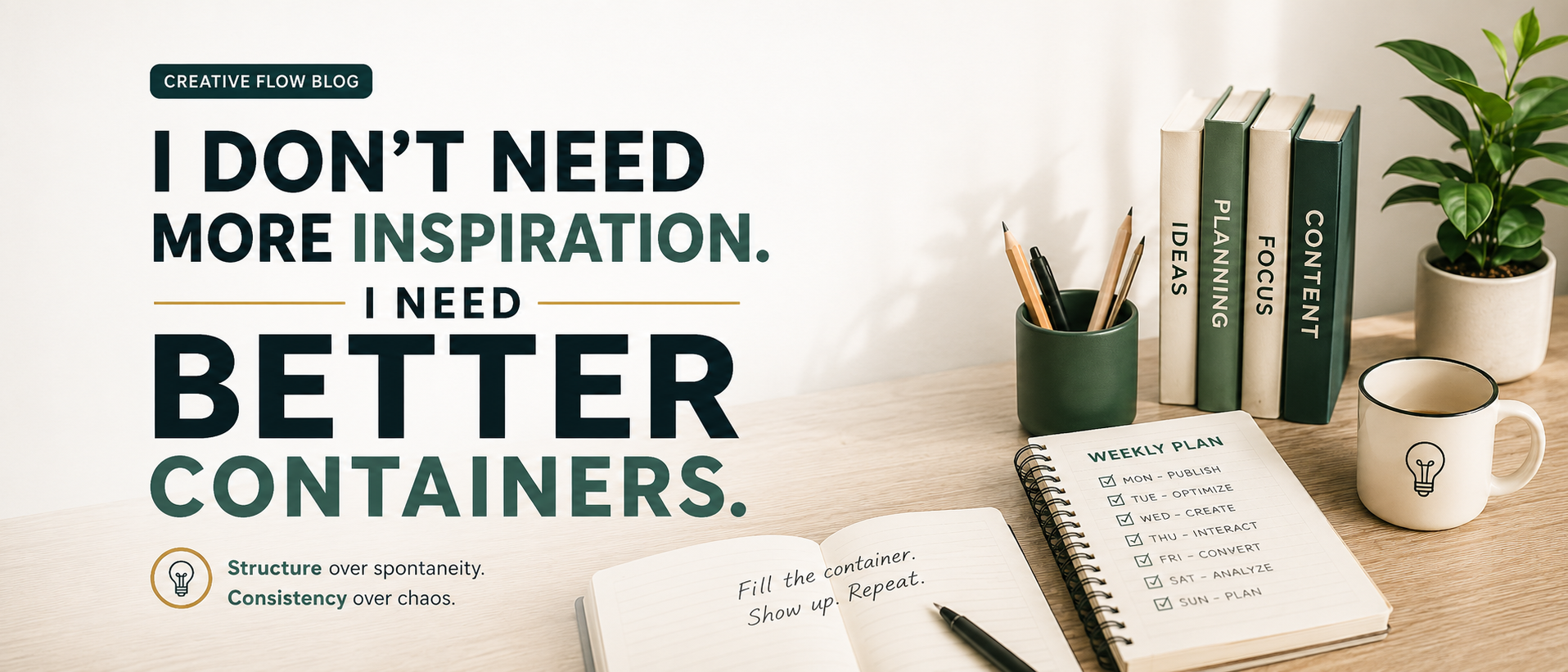 Blog banner about using a structured weekly content system instead of relying on inspiration.