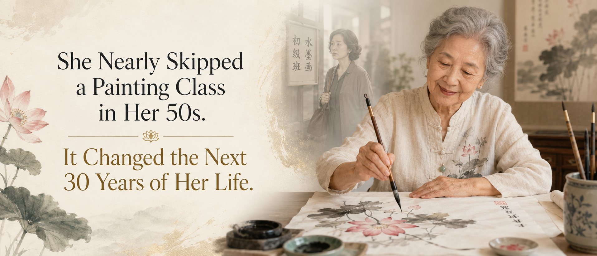Elderly East Asian woman painting a traditional Chinese lotus artwork, reflecting a journey that began in her 50s.