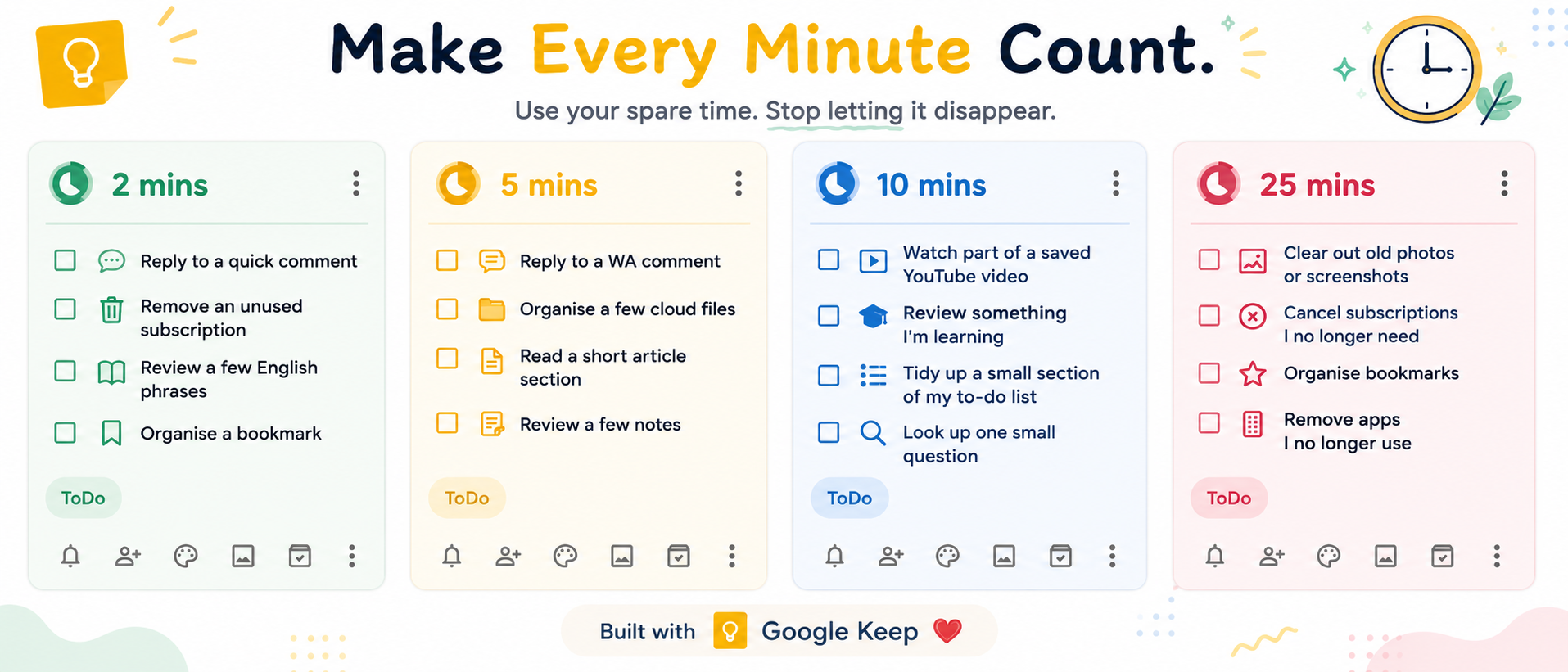 2, 5, 10 and 25-minute task lists in Google Keep for making use of spare time