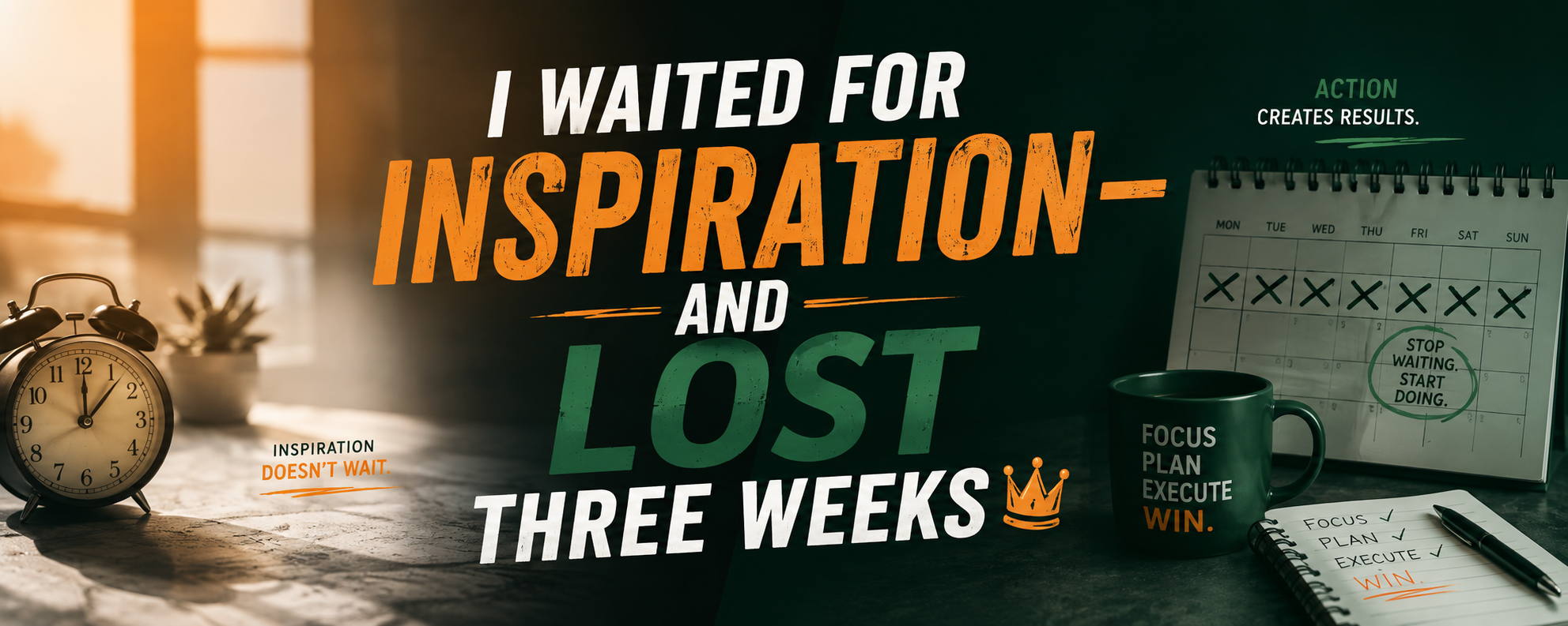 Alarm clock, crossed-out calendar and focus notes illustrating three weeks lost waiting for inspiration