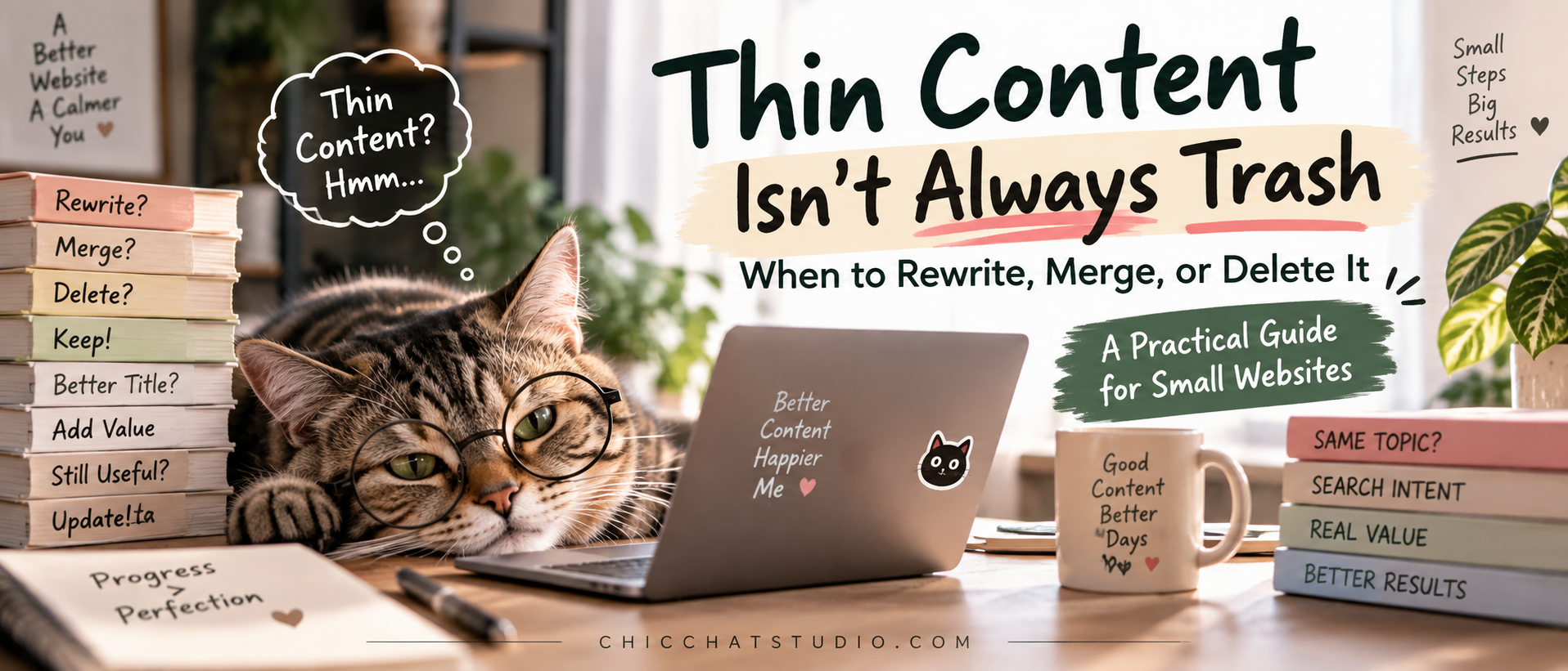 Thin content guide explaining when to rewrite, merge, or delete old website content